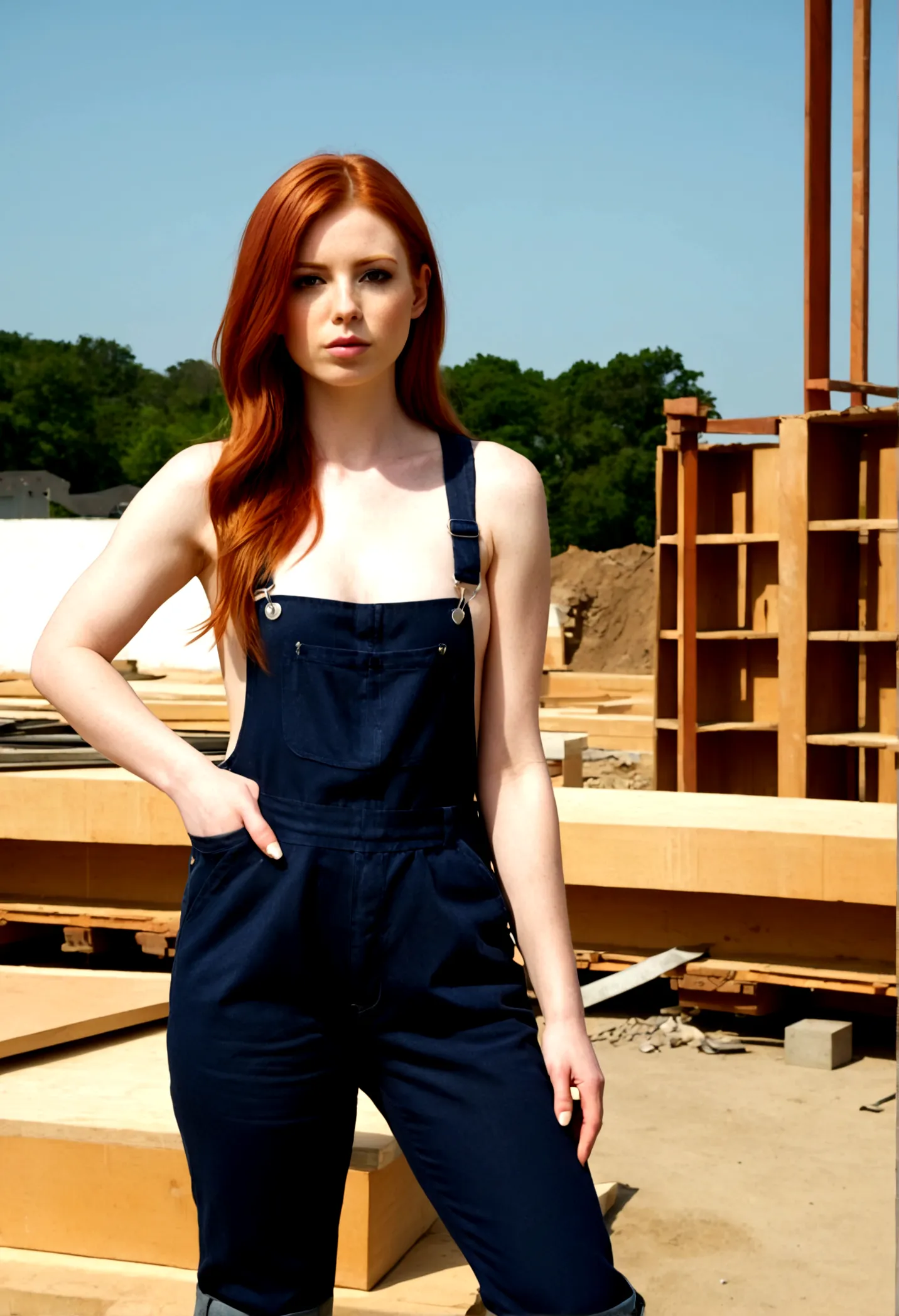 25 year old woman, redhead, sexy fit body, straight hair, tied up by construction work, swollen hand, overalls