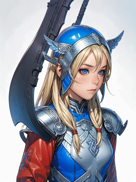 1 futuristic viking girl, female Thor, blonde hair with two braids, Helm with wings, blue colored eyes, leather armour, gray clo...