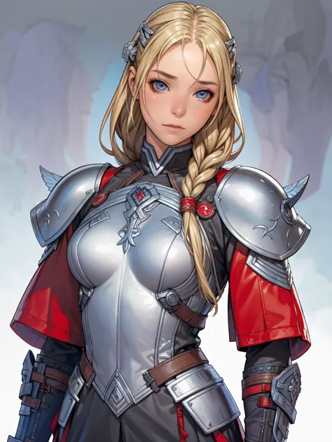 1 futuristic viking girl, female thor, blonde hair with two braids, helm with wings, blue colored eyes, leather armour, gray clo...