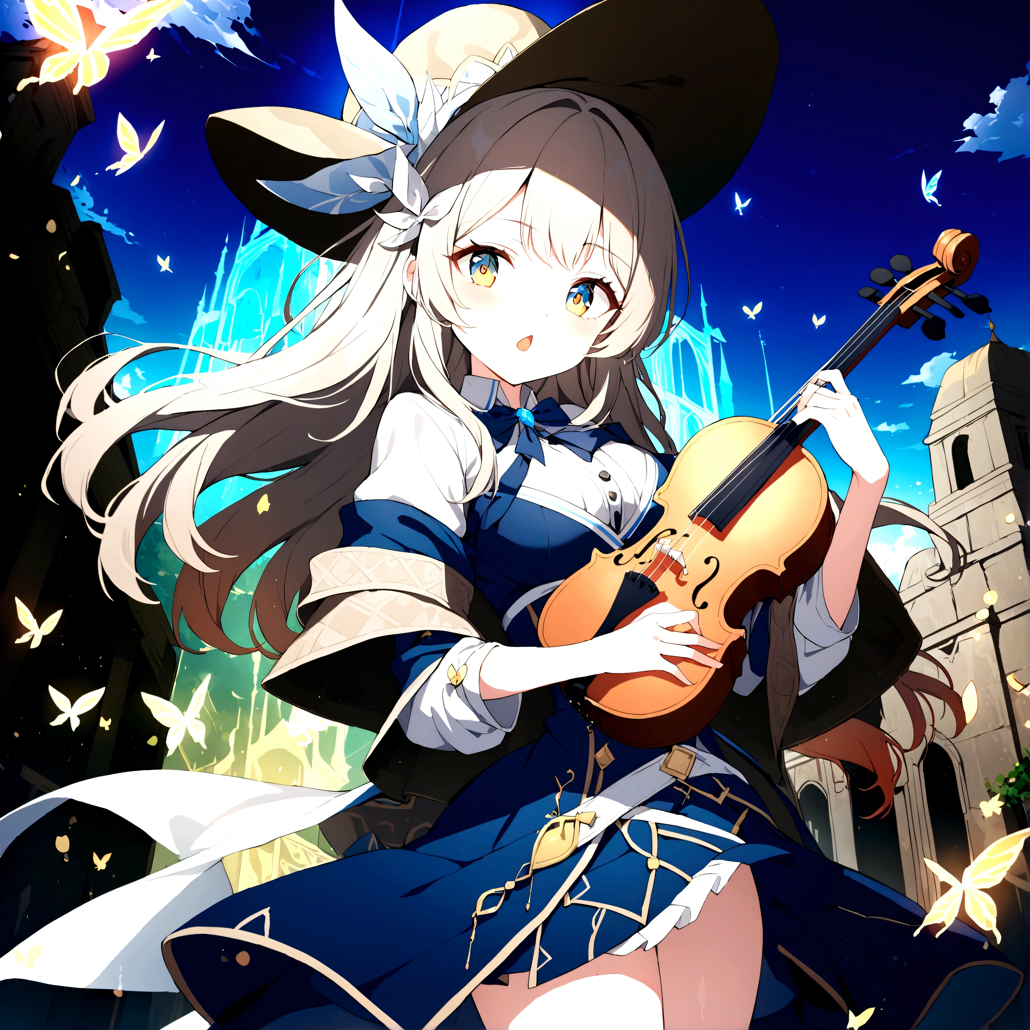 1girl, Masterpiece, best quality) (detailed and beautiful eyes:1.6) (perfect hands, perfect anatomy) (full body) big hat, older woman, bard outfit, holding a violin