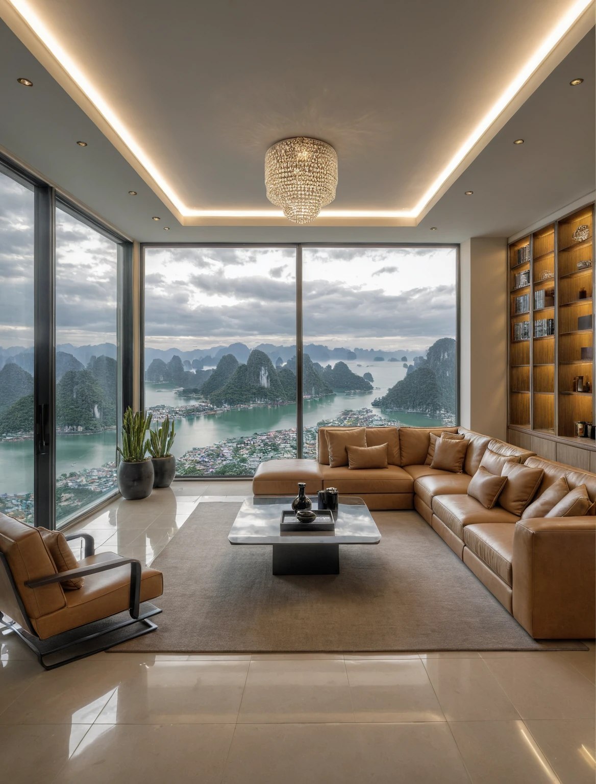 Raw photo,Masterpiece, high quality, best quality, authentic, super detail, interior, livingroom style modern, day light, light brown sofa, white tile floor, tea table, carpet, tray, armchair, wine cabinet, books, glass cabinet doors, halong bay view window, downlight, chandelier