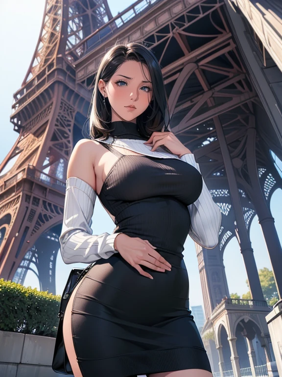 (8K, RAW Photos, Realistic: 1.25), woman takes a model photo underneath an Eiffel Tower-style tower, Detailed Tower Images, From below:1.3, Black Hair, semi-long, stylish, tight knit sweater, Cut chest, Shoulder bag, Tight-fitting skirt, ((Clothes that accentuate sexy body lines)), ((Shoulder bagのベルトが胸の谷間にたすき掛けで挟まれている)), woman&#39;The belt digs into my chest.、large breasts are emphasized, Looking down at the viewer, womanを優雅に撮影する&#39;Lower Body, ((woman&#39;From groin to thighs, Beautifully expresses the body line of the calf)), ((真From belowの表情で脚を細く長く見せる))