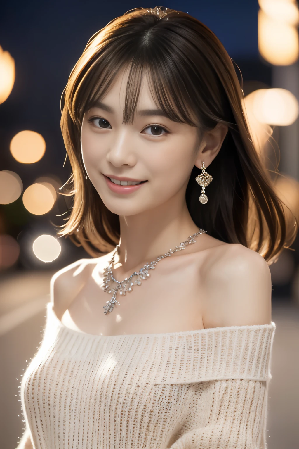 High resolution, Raw photo, Photorealistic, Extremely delicate and beautiful, Extremely detailed, finely detail, Highly detailed CG Unity 8k wallpaper, Ultra-detailed, (Best Quality, 8K, 32K, masterpiece, UHD:1.2), Photo of Pretty Japanese model walking downtown at night, beautiful and detailed face, beautiful and clear eyes, delicate figure, medium hair, slender body, off-shoulder sweater, earrings, silver necklace, innocent smile, (upper body:1.3),