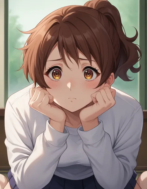 highest quality, high resolution, masterpiece, (beautiful eyes), (fine grain), detailed face, kumiko oumae, brown eyes, brown ha...