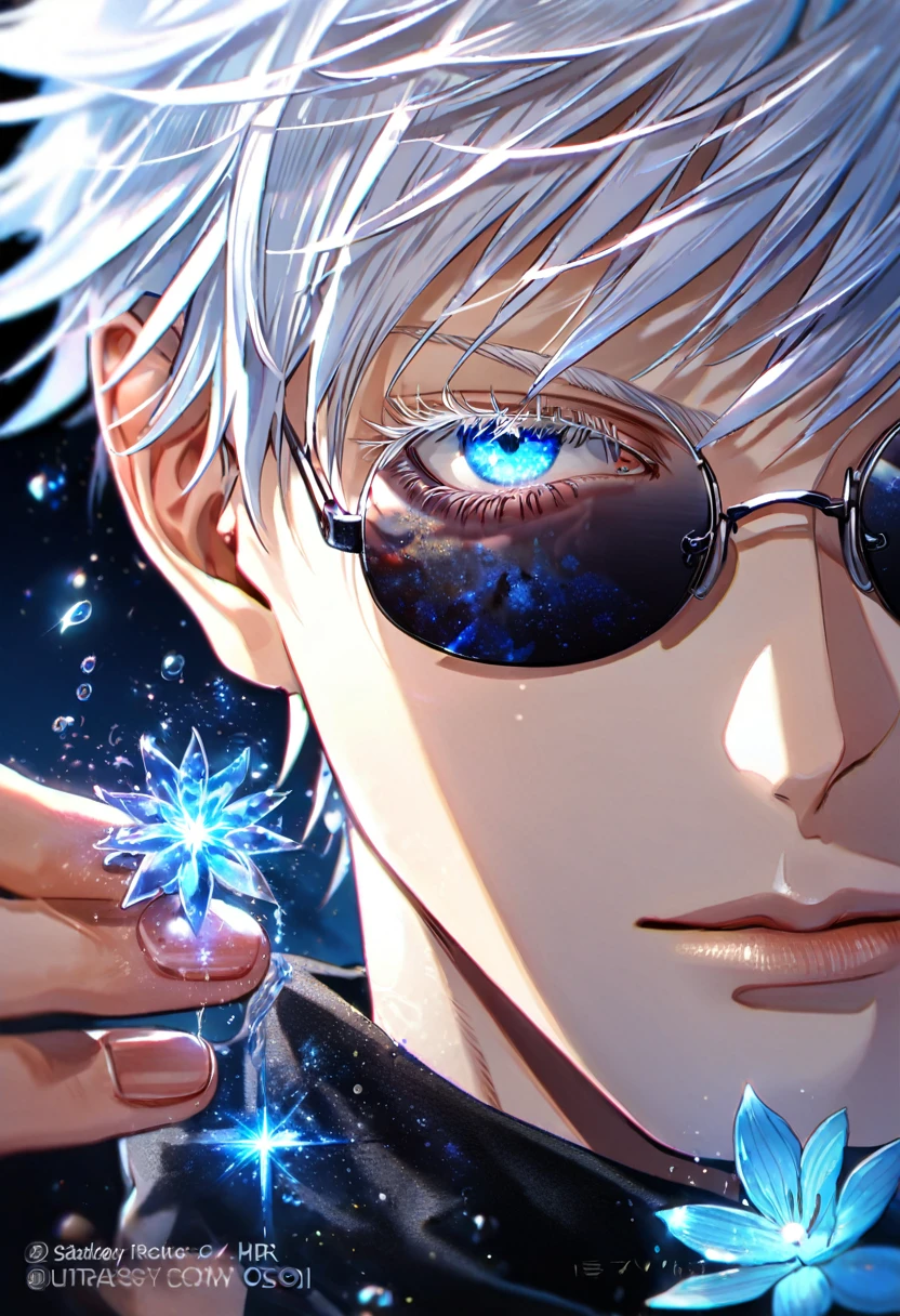 absurdesten, highres, Extrem detailliert, HDR, Meisterwerk, beste Qualität, Extrem detailliert, Gojou Satoru, weißes Haar, ausdrucksstarke blaue Augen, weiße Wimpern, runde schwarze Sonnenbrille, Jujutsu Kaisen, Allein, sexy Mann, Gutaussehend, schwarze Kleidung, Fantasie, Magie, Wasser, Funkelnd, blau glitzernde Glühwürmchen, blauer Mond, blaue Blüten, blaue Blumen, blue Funkelnd lights, sternenklarer Himmel