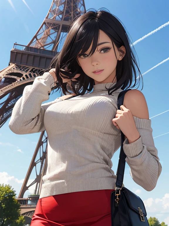 (8K, RAW Photos, Realistic: 1.25), woman takes a model photo underneath an Eiffel Tower-style tower, Detailed Tower Images, Five aerobatic contrails across the sky, From below:1.3, Black Hair, semi-long, stylish, tight knit sweater, Cut chest, Shoulder bag, Tight-fitting skirt, ((Clothes that accentuate sexy body lines)), Pie Rash, (Wallet strap between the chests), Straps attached to the bag, ((Shoulder bagのベルトが胸の谷間にたすき掛けで挟まれている)), woman&#39;The belt digs into my chest.、large breasts are emphasized, Looking down at the viewer, womanを優雅に撮影する&#39;Lower Body, ((woman&#39;From groin to thighs, Beautifully expresses the body line of the calf)), ((真From belowの表情で脚を細く長く見せる))