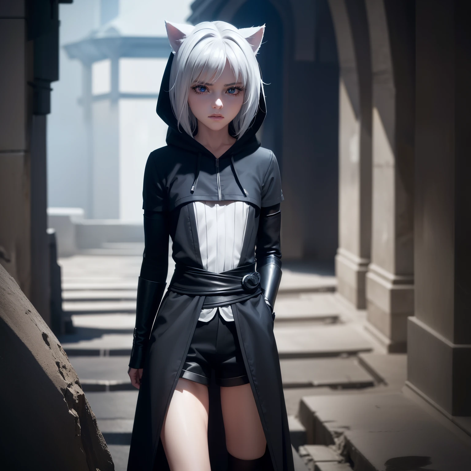 1 girl, character with cat ears, silver hair, short hair, beautiful detailed eyes, beautiful detailed lips, extremely detailed eyes and face, long eyelashes, wearing black hooded outfit, thigh-high stockings, garters, short shorts, (best quality,4k,8k,highres,masterpiece:1.2),ultra-detailed,(realistic,photorealistic,photo-realistic:1.37),concept art, fantasy, cinematic lighting, dramatic shadows You decided to wear a hoodie and covered your body, hiding yourself Rey 