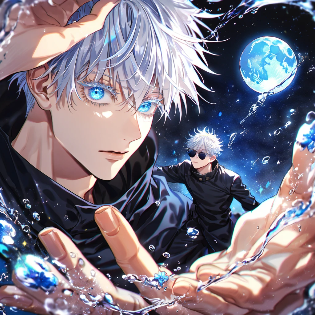 absurdres, highres, ultra detailed, HDR, master piece, best quality, extremely detailed, Gojou Satoru, white hair, expressive blue eyes, white eyelashes, round black sunglasses, Jujutsu Kaisen, solo, sexy man, handsome, black clothes, fantasy, magic, water, sparkling, blue glittering fireflies, blue moon, blue blossoms, blue flowers, blue sparkling lights, starry sky