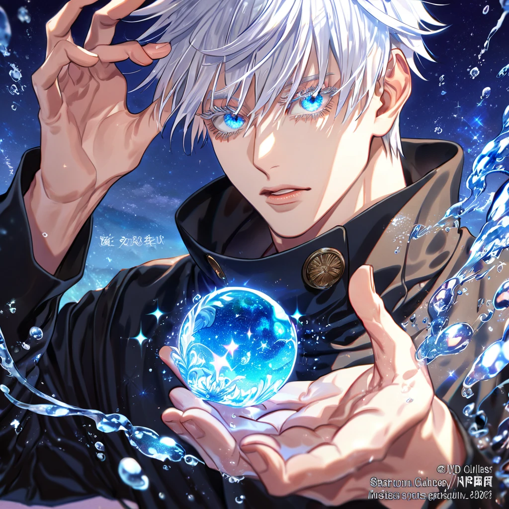 absurdres, highres, ultra detailed, HDR, master piece, best quality, extremely detailed, Gojou Satoru, white hair, expressive blue eyes, white eyelashes, round black sunglasses, Jujutsu Kaisen, solo, sexy man, handsome, black clothes, fantasy, magic, water, sparkling, blue glittering fireflies, blue moon, blue blossoms, blue flowers, blue sparkling lights, starry sky