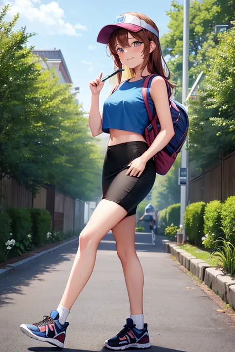 1girl, woman walking, wearing blue t-shirt, crop top, tight black midi pencil skirt, sneakers, socks, outdoors, garden, summer, ...