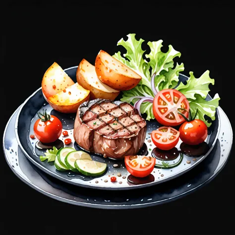 there is a delicious tenderloin steak and baked potatoes served on a hot black plate with slices of baked tomatoes and some gree...