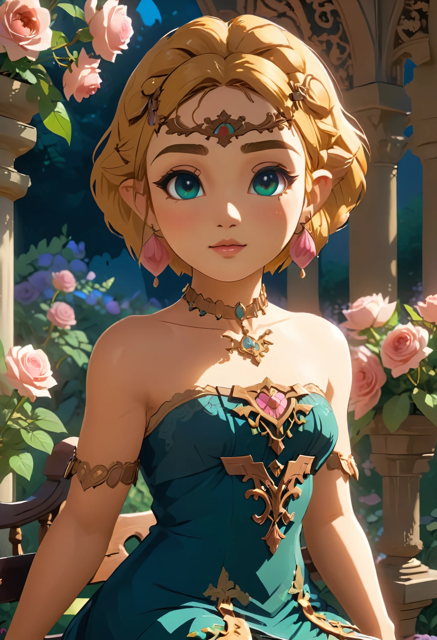 1girl like totkzelda, zonai dress, beautiful_face, blush, short hair, (sitting on ornate bench:1.2), ((moonlit garden)), (intricate architecture:1.2), roses, soft shadows, exquisite makeup, warm atmosphere, intricate design, bright colors, masterpiece in maximum 16K resolution, best quality, ultra detailed, aesthetics, absurdes.