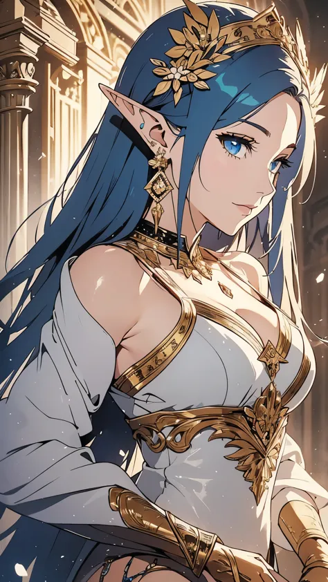 1 girl, Beautiful elf lady, begie blue Long straight hair, upturn elf pointy ears, sexy figure, charming cleavage, very beautifu...