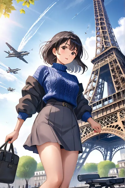 (8K, RAW Photos, Realistic: 1.25), woman takes a model photo underneath an Eiffel Tower-style tower, Detailed Tower Images, Five...