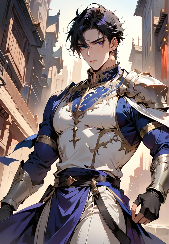 (masterpiece, best quality:1.2), 1 boy, alone, handsome boy, messy black hair, beautiful narrow eyes, purple and blue eyes, shining eyes, muscular body, knight clothing, black purple grey white colored clothing, detailed clothes, black fingerless gloves, city background, (boy is looking at camera:1.2), (smooth soft pale skin:1.2), (ear piercings:1.2), beautiful lighting, detailed background