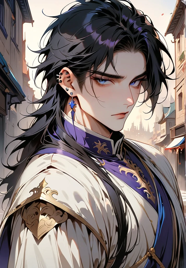 (masterpiece, best quality:1.2), 1 boy, alone, handsome boy, messy black hair, beautiful narrow eyes, purple and blue eyes, shining eyes, muscular body, knight clothing, black purple grey white colored clothing, detailed clothes, black fingerless gloves, city background, (boy is looking at camera:1.2), (smooth soft pale skin:1.2), (ear piercings:1.2), beautiful lighting, detailed background