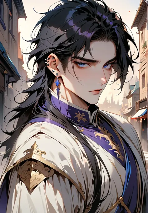 (masterpiece, best quality:1.2), 1 boy, alone, handsome boy, messy black hair, beautiful narrow eyes, purple and blue eyes, shin...