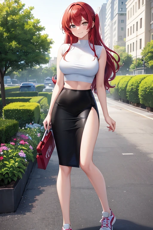 1girl, woman wearing white t-shirt, midriff, tight midi pencil skirt black, long length pencil skirt, long red hair, looking at viewer, full body, walking, smile, blush, sneakers, socks, large bust, garden, summer