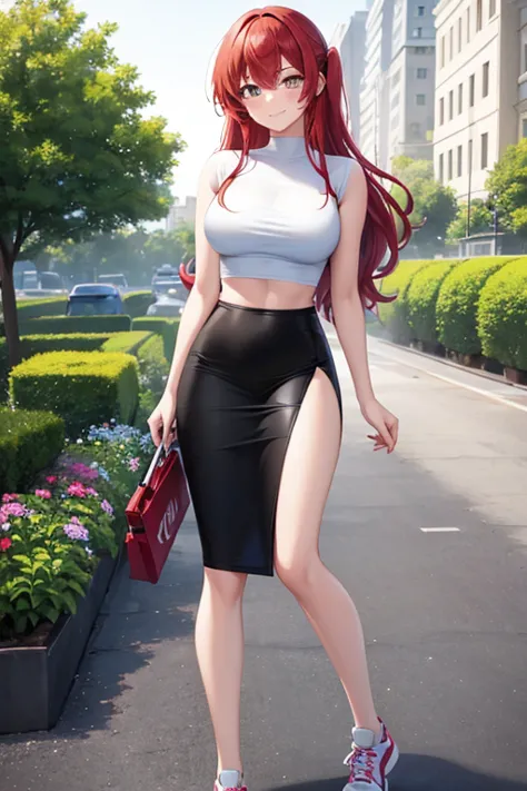 1girl, woman wearing white t-shirt, midriff, tight midi pencil skirt black, long length pencil skirt, long red hair, looking at ...