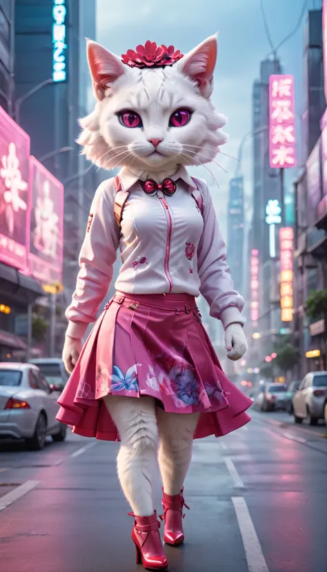 a white cat wearing an urban pink flared skirt and shirt. she has a red flower hair accessory on her head. she is wearing red hi...