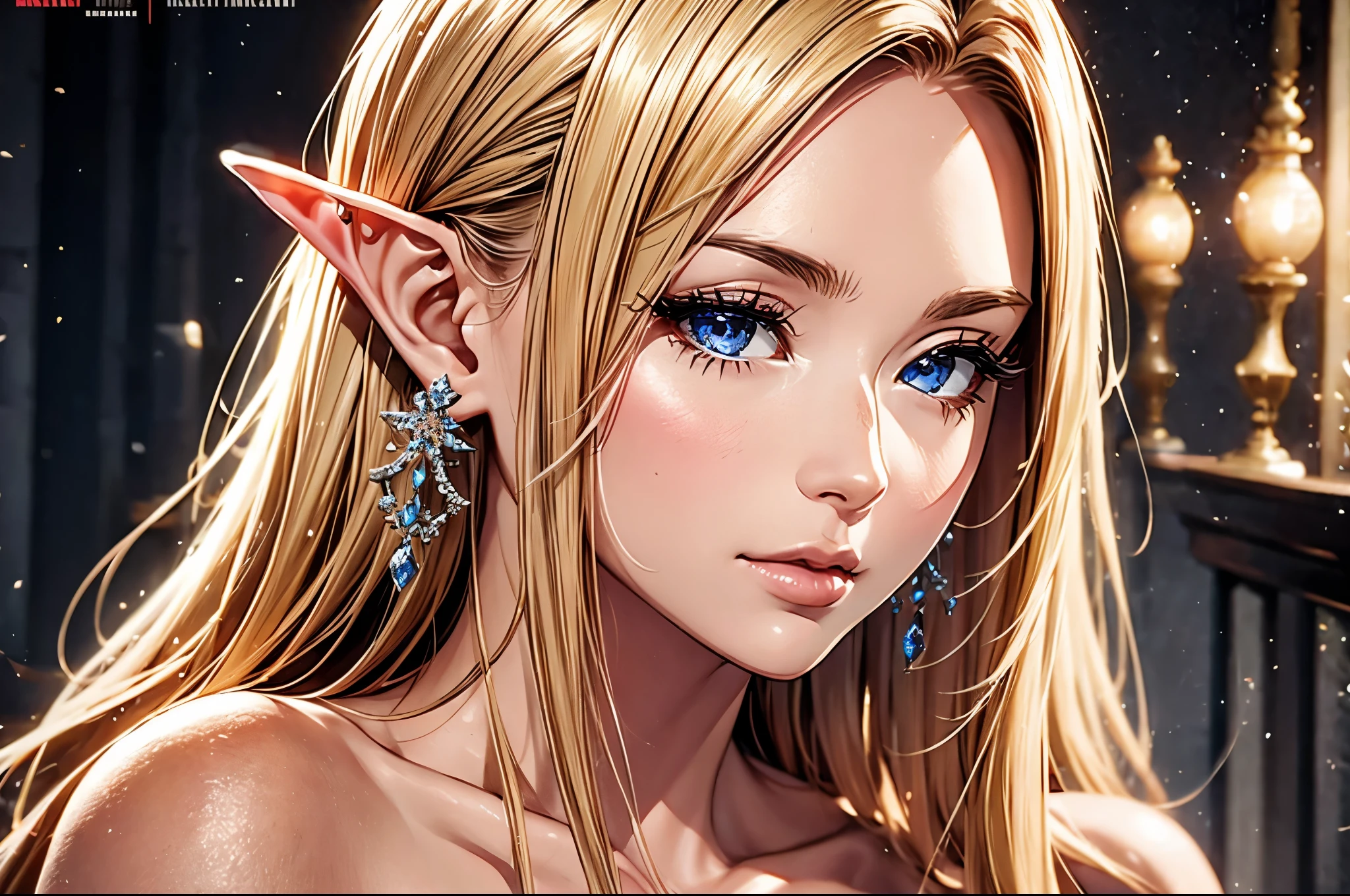 1 girl, Beautiful elf lady, begie blonde Long straight hair, upturn elf pointy ears, sexy figure, perfect breast, charming cleavage, very beautiful face, detailed face, delicate eyes, detailed pupil, beautiful and delicate lips, pale skin, Serious, arrogant, absurd, White gorgeous detailed dress, royalties, celebration, elegant, Noble, Bare shoulders, small crystal earrings, hand drawn animation, high detailed, palace banquet hall, symmetrical clothes, best quality, masterpiece, Fair, Octane Render