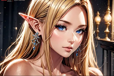 1 girl, beautiful elf lady, begie blonde long straight hair, upturn elf pointy ears, sexy figure, perfect breast, charming cleav...