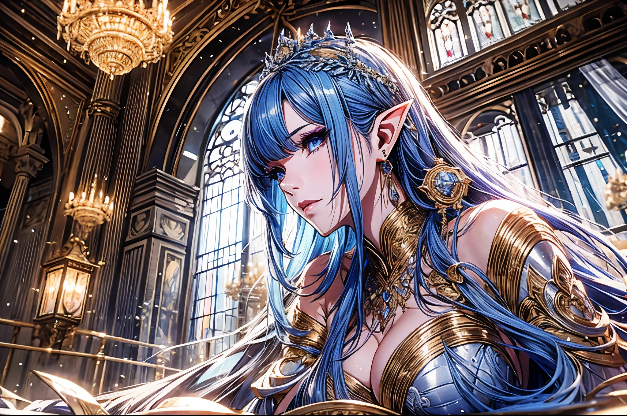 1 girl, Beautiful elf lady, begie blue Long straight hair, upturn elf pointy ears, sexy figure, charming cleavage, very beautiful face, detailed face, delicate eyes, detailed pupil, beautiful and delicate lips, pale skin, Serious, arrogant, absurd, gorgeous detailed dress, royalties, celebration, elegant, Noble, Bare shoulders, small crystal earrings, hand drawn animation, high detailed, palace banquet hall, symmetrical clothes, best quality, masterpiece, Fair,