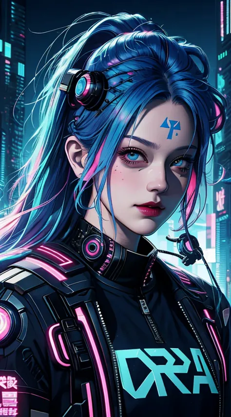 there is a woman with blue hair and a jacket, hyper-realistic cyberpunk style, realistic art style, Retrato ciberpunk, 🤤 portrai...