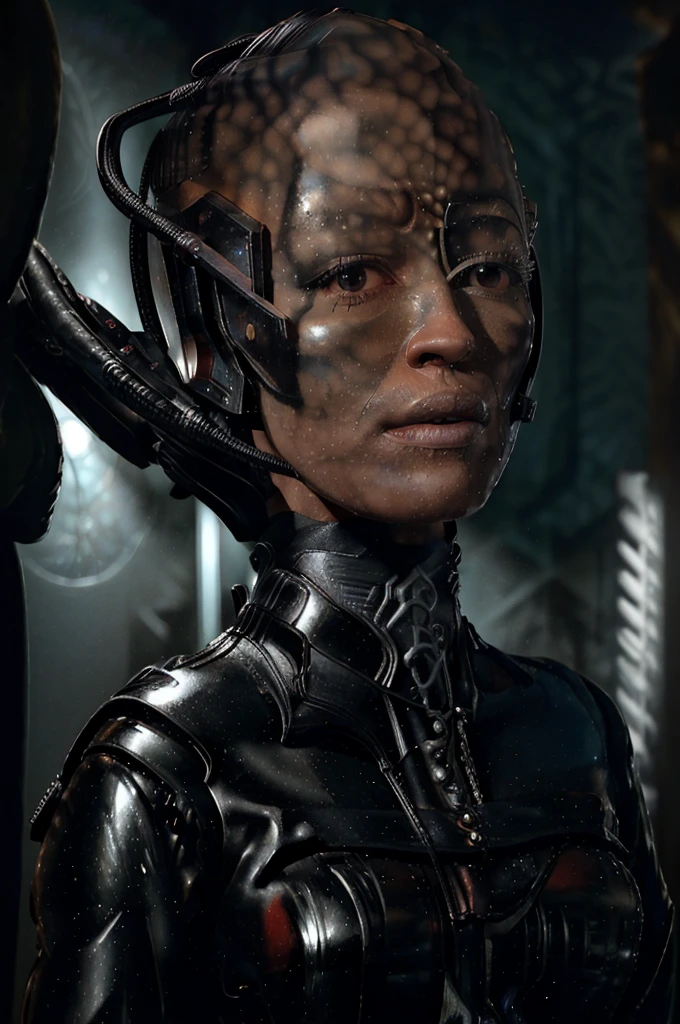 (tawny newsome:1.2), (black skin:1.2), (liquid metal girl
 sttldunf uniform:1.2), (Liquid Metal sttldunf uniform:1.2) being assimilated by  Borg, robotic, 
ballgag, leather catsuit, belt, lying, prisoner, (best quality,4k,8k,highres,masterpiece:1.2),ultra-detailed,(realistic,photorealistic,photo-realistic:1.37),dark moody lighting,dramatic chiaroscuro,cinematic, (portrait:1.2)