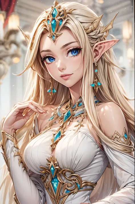 1 girl, Beautiful elf lady, begie blonde Long straight hair, upturn elf pointy ears, sexy figure, perfect breast, charming cleav...