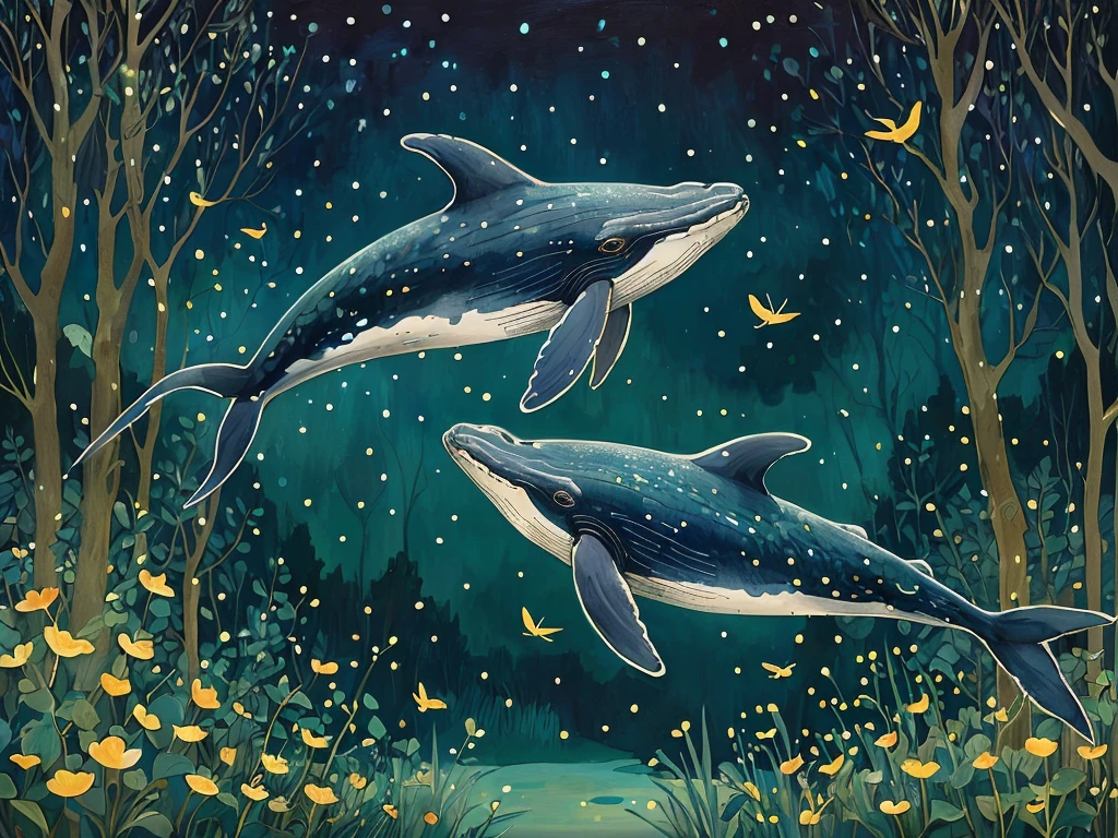 there are two song whales flying over a forest, glimmering whale, sky whales, in the starry night, under a sea of stars, high quality illustration, by Gustav Klimt