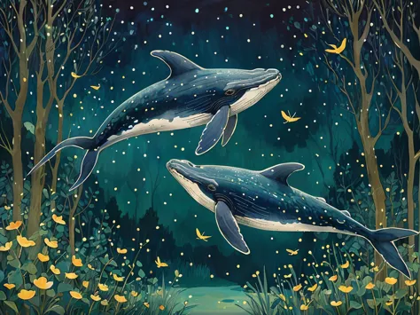 there are two song whales flying over a forest, glimmering whale, sky whales, in the starry night, under a sea of stars, high qu...