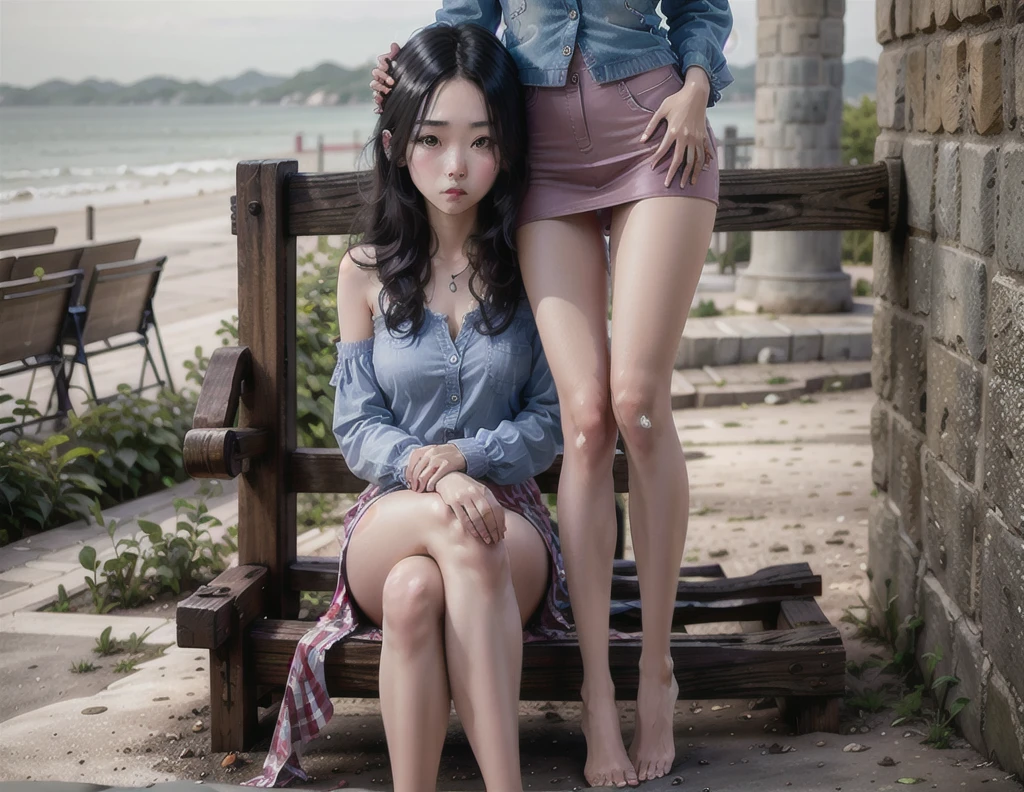 1 Korean girl, From the front, permanent, Cross your legs, Long hair, skirt, Slim, 赤foot, blush, foot, masterpiece, best quality, absurd 