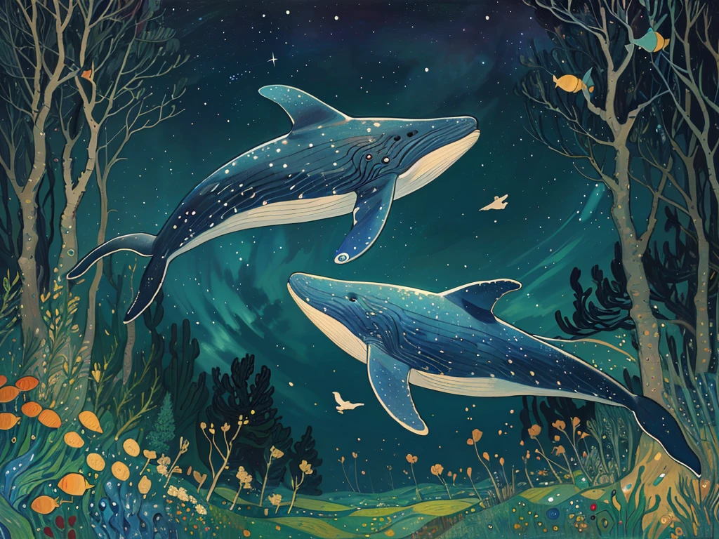 there are two song whales flying over a forest, glimmering whale, sky whales, in the starry night, under a sea of stars, high quality illustration, by Gustav Klimt