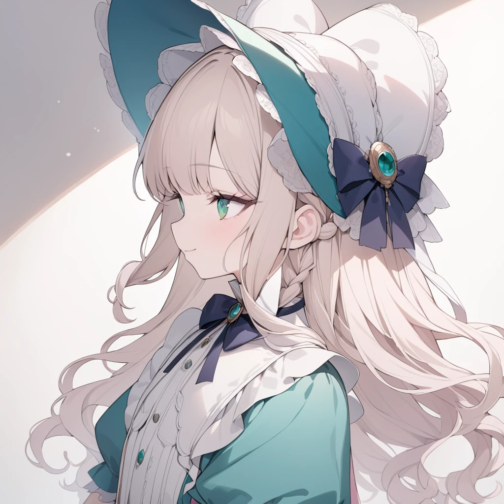 Platinum Blonde hair,curls,((emerald green eyes)),long eyelashes,((light pink victorian dress)),puffy short sleeves,pink frilled dress,((wide brimmed Bonnet with bows)),bustshot,masterpiece,highress,soft smile,bishoujo,peterpan collar,profile,white accents,white trim,white frills,curly side braid,solo,facing left,