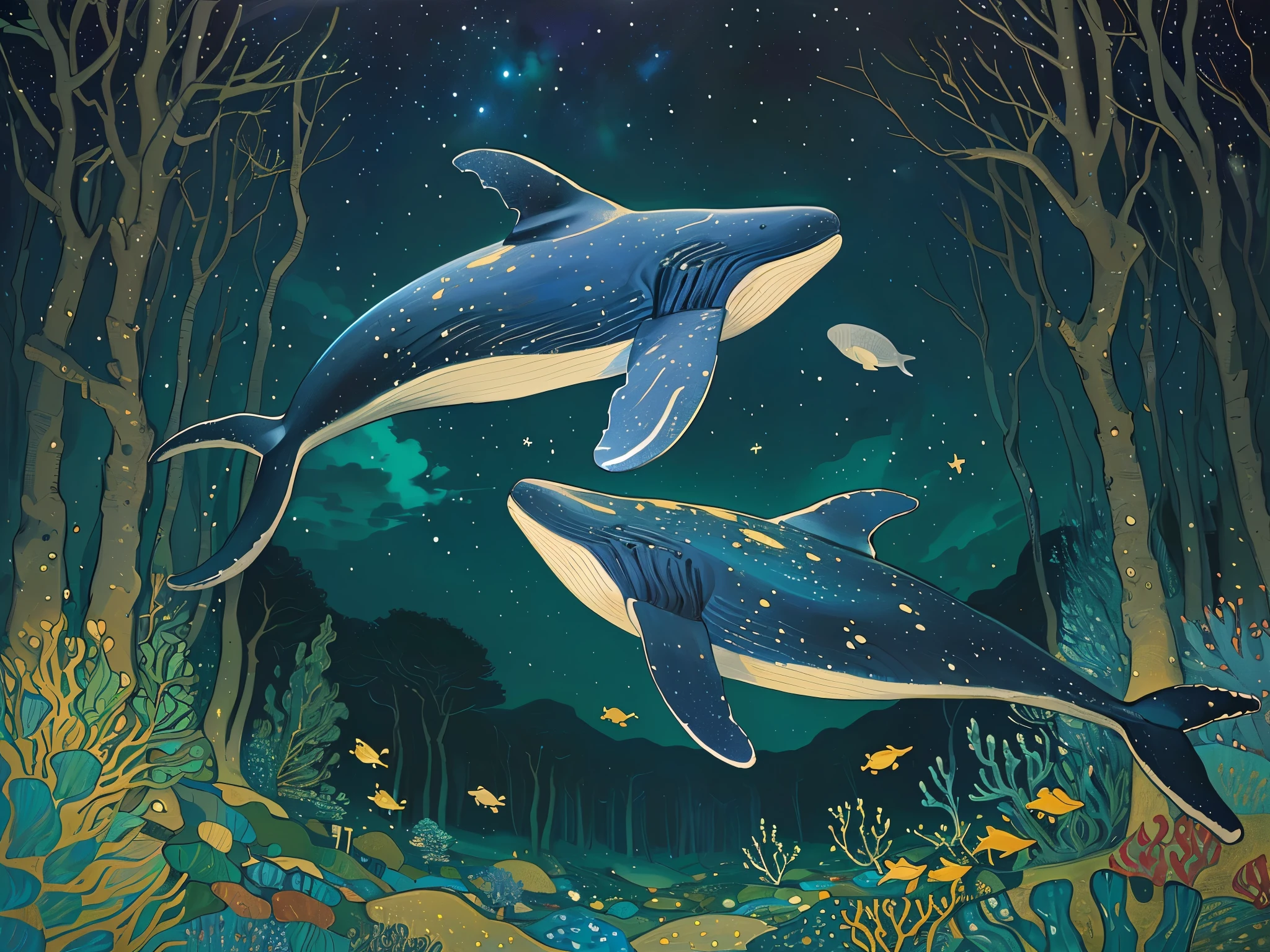 there are two golden song whales flying over a forest, glimmering golden whales, sky whales, golden particles in the starry night, under a sea of stars, high quality illustration, by Gustav Klimt