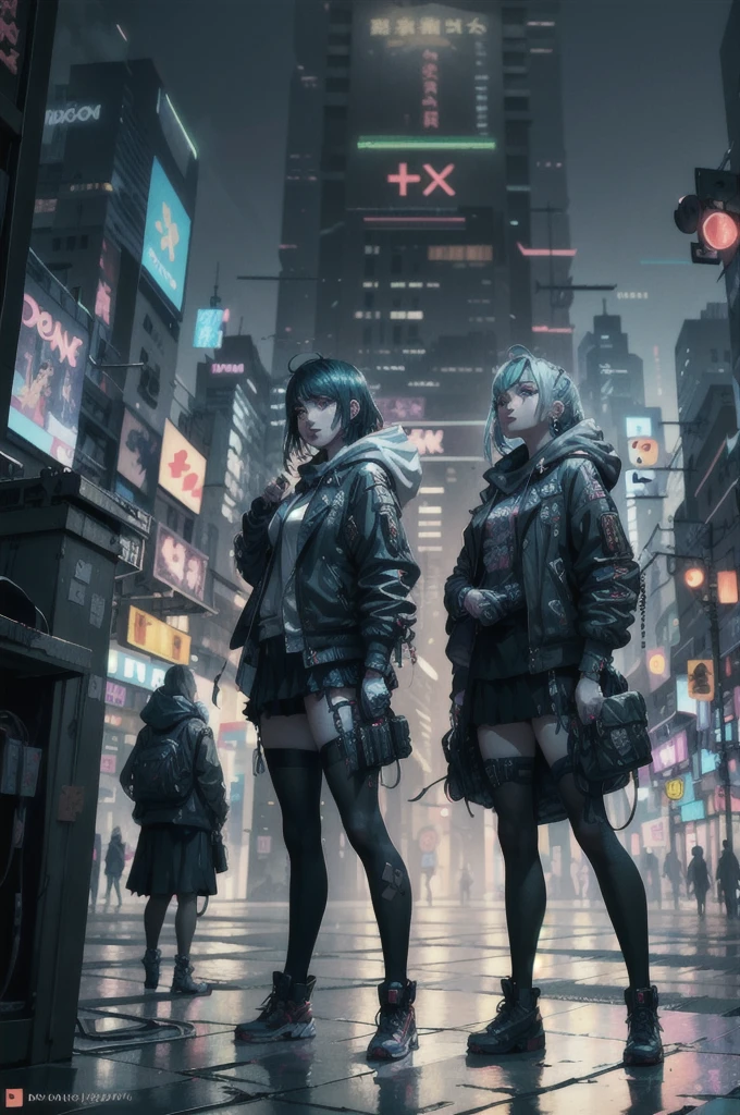 (Master Parts, Full Body Shot, Complex生写真) Cyberpunk Teenage Girl, Comfortable oversized black hood, Black short skirt, Neon details on dark clothing,Green Hair, Neon Light Details, Complex, Futuristic, vision, Random Sensual Positions, Cyberpunk City, Neon lights in the city, night, Instagram Photos, Photo of the Year, Octane Rendering, substance, Maya 3D |, Cinema 4D, Trend Art Station,  Deviant art trends,