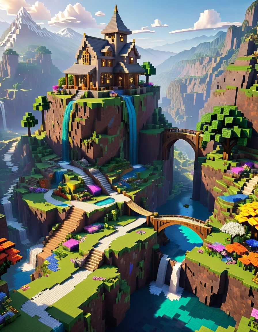 minecraft style (Ultra realistic:1.3), (long distant shot) from (big tall fairy house:1.2) with round windows, on top from rocky hill, environmental artwork, environmental art, (elegant jewelry), (mystical river), (Beautiful:1.4), (attractive:1.3), epic snowy (mountains), Summer nature, block, pixel, bright colors, (Eagle), flowers, ethereal bridges, waterfalls On distance, (rainbow:0.5), (World tree) On distance