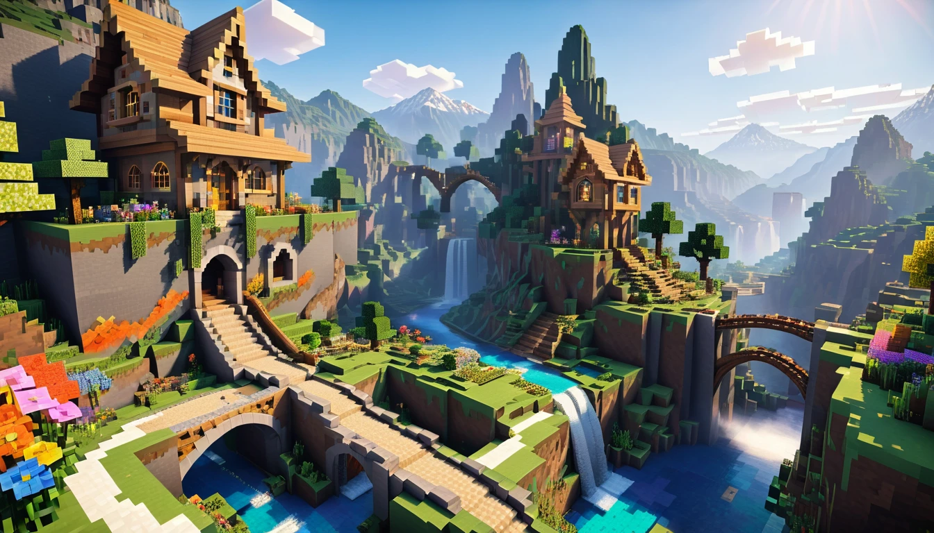 minecraft style (Ultra realistic:1.3), (long distant shot) from (big tall fairy house:1.2) with round windows, on top from rocky hill, environmental artwork, environmental art, (elegant jewelry), (mystical river), (Beautiful:1.4), (attractive:1.3), epic snowy (mountains), Summer nature, block, pixel, bright colors, (Eagle), flowers, ethereal bridges, waterfalls On distance, (rainbow:0.5), (World tree) On distance