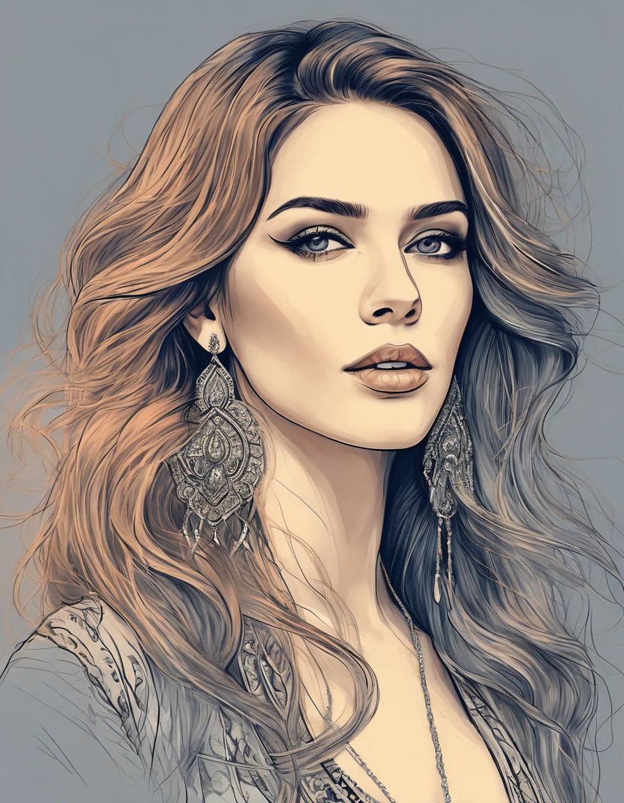 a drawing of a woman with long hair and earrings, detailed beauty portrait, detailed beautiful portrait, realistic digital drawing, extremely detailed woman, elegant digital painting, detailed woman, detailed illustration portrait, epic portrait illustration, stunning drawing, beautiful drawing style, beautiful beautiful digital art, Bela arte UHD 4K, realistic sketch, elegant drawing, high quality sketch art