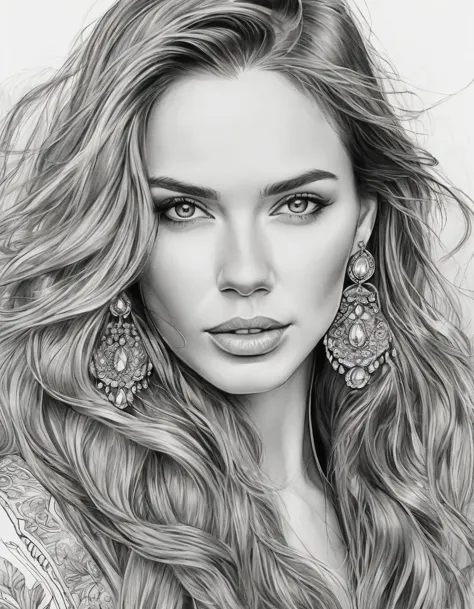 a drawing of a woman with long hair and earrings, detailed beauty portrait, detailed beautiful portrait, realistic digital drawi...