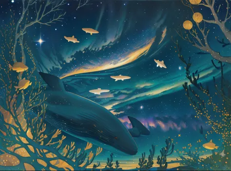 there are two golden song whales flying over a forest, glimmering golden whales, sky whales, golden particles in the starry nigh...