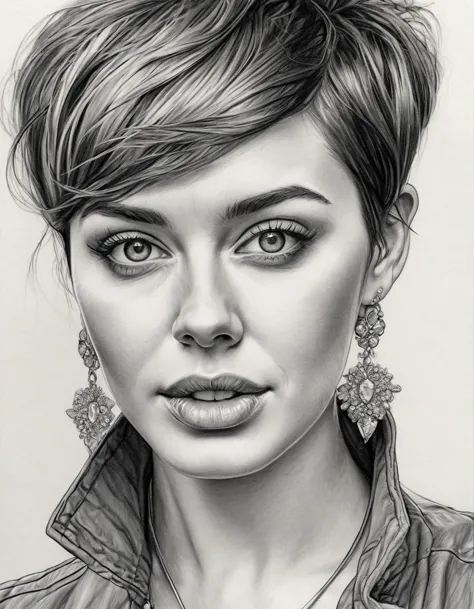 a drawing of a woman with short hair and earrings, detailed beauty portrait, detailed beautiful portrait, realistic pencil drawi...