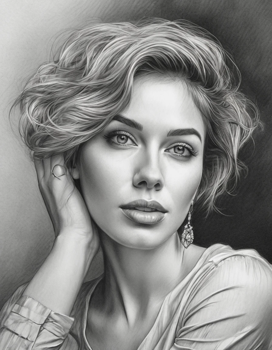 a drawing of a woman with short hair and earrings, detailed beauty portrait, detailed beautiful portrait, realistic pencil drawing, extremely detailed woman, elegant digital painting, detailed woman, detailed illustration portrait, epic portrait illustration, stunning drawing, beautiful drawing style, beautiful beautiful digital art, Bela arte UHD 4K, realistic sketch, elegant drawing, high quality sketch art