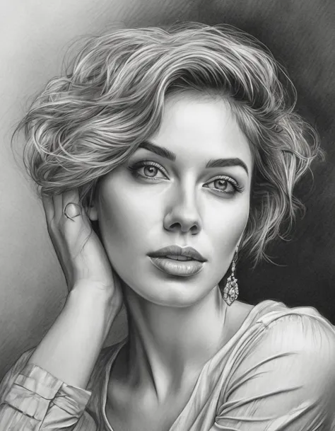 a drawing of a woman with short hair and earrings, detailed beauty portrait, detailed beautiful portrait, realistic pencil drawi...