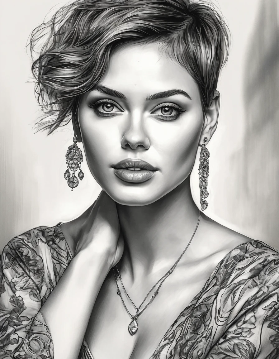 a drawing of a woman with short hair and earrings, detailed beauty portrait, detailed beautiful portrait, realistic pencil drawing, extremely detailed woman, elegant digital painting, detailed woman, detailed illustration portrait, epic portrait illustration, stunning drawing, beautiful drawing style, beautiful beautiful digital art, Bela arte UHD 4K, realistic sketch, elegant drawing, high quality sketch art