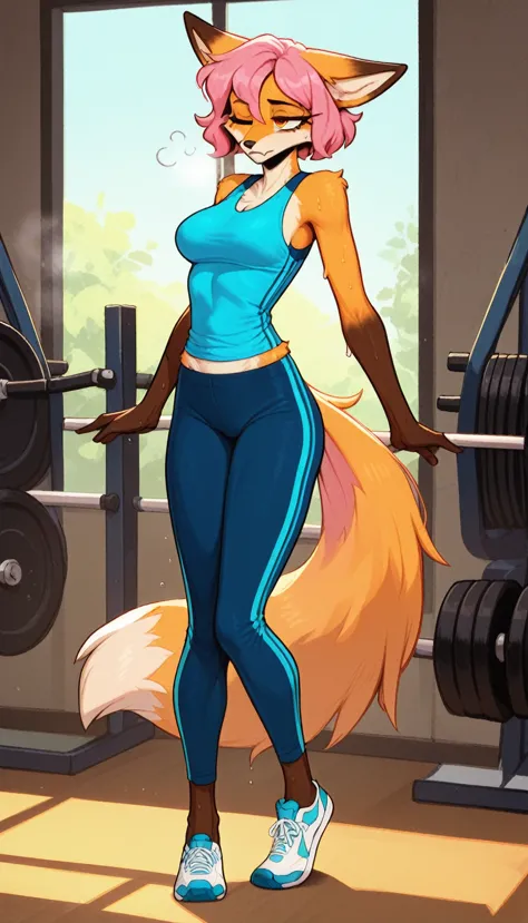 half-closed eyes, tired expression, 1girl, anthro, furry, fur, fluffy fur, fox girl, thight sport pants, blue pants, gym backgro...