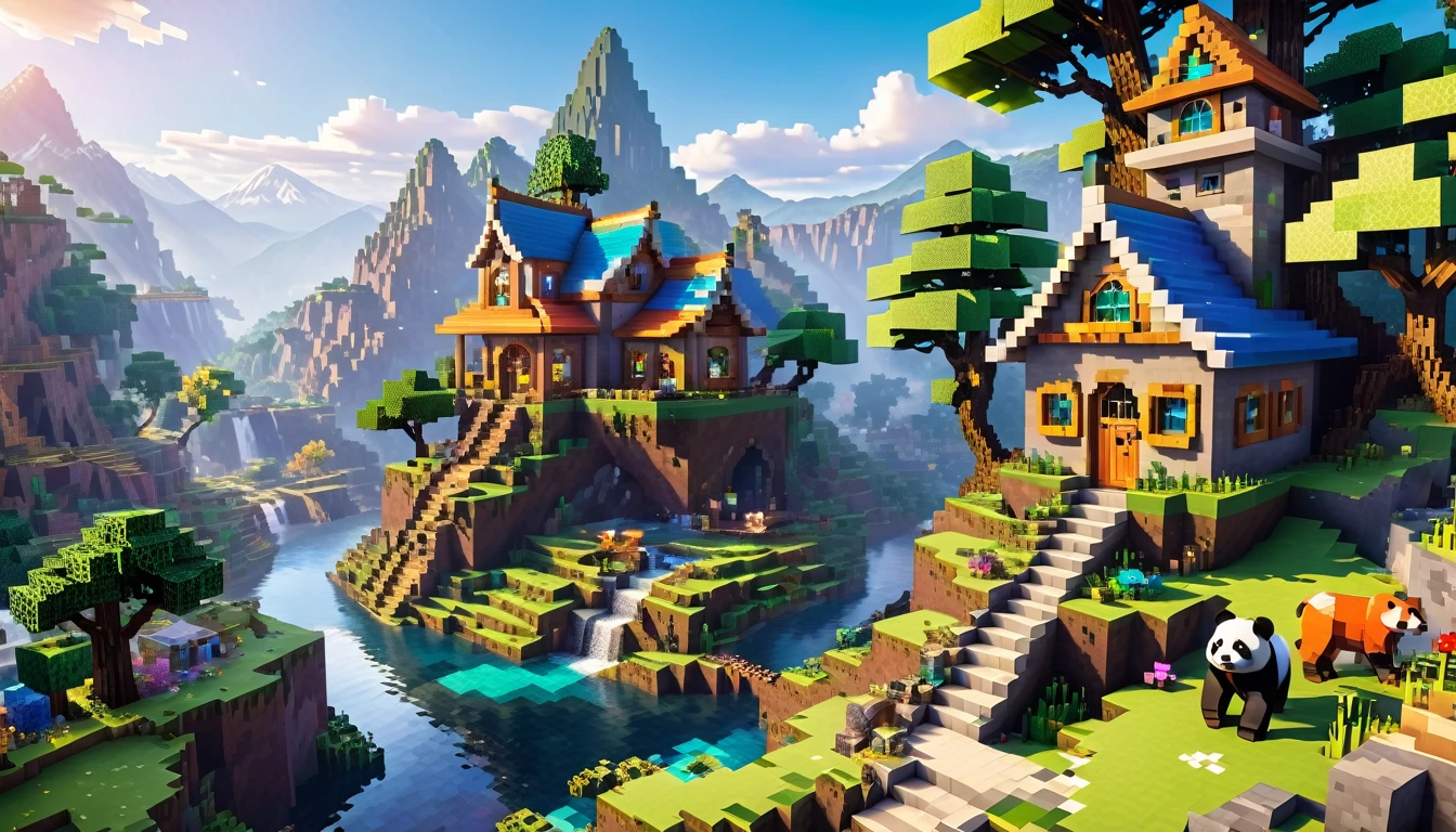 minecraft style (Ultra realistic:1.3), (long distant shot) from (big tall fairy house:1.2) with round windows, on top from rocky hill, environmental artwork, environmental art, (elegant jewelry), (mystical river), (Beautiful:1.4), (attractive:1.3), epic snowy (mountains), Summer nature, block, pixel, bright colors, (Eagle), many little animals, Panda, dogs, (rainbow:0.5), (World tree) On distance