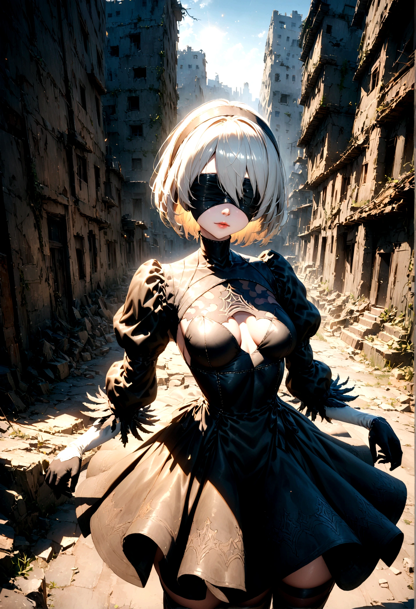 ((best qualityer)), ((work of art)), (very detailled:1.3), 2B in the ruins of a city in the forgotten war, Ancient Technology, Nier-Automata, standing, fully body, photographic essay, facefocus, Looking at the sky, hdr (high-range dynamics), ray tracing, nvidia RTX, super resolution, Irreal 5, underground dispersal, PBR Texture, Post-processing, Anisotropic filtering, Depth of field, Maximum sharpness and sharpness, multi-layered texture, albedo and highlight maps, Surface shading, Accurate simulation of interactions between light materials, perfect proportions, octane rendering, duotone lighting, Low ISO, White balance, rule of thirds, large aperture, 8K CRU, efficient sub-pixels, subpixel convolution, Luminescent particles, light scattering, Tyndall effect