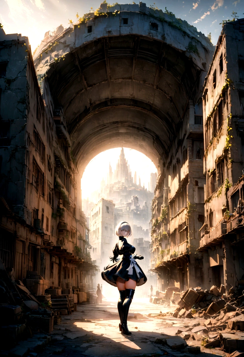 ((best qualityer)), ((work of art)), (very detailled:1.3), 2B in the ruins of a city in the forgotten war, Ancient Technology, Nier-Automata, standing, fully body, photographic essay, facefocus, Looking at the sky, hdr (high-range dynamics), ray tracing, nvidia RTX, super resolution, Irreal 5, underground dispersal, PBR Texture, Post-processing, Anisotropic filtering, Depth of field, Maximum sharpness and sharpness, multi-layered texture, albedo and highlight maps, Surface shading, Accurate simulation of interactions between light materials, perfect proportions, octane rendering, duotone lighting, Low ISO, White balance, rule of thirds, large aperture, 8K CRU, efficient sub-pixels, subpixel convolution, Luminescent particles, light scattering, Tyndall effect